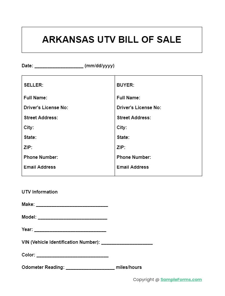 arkansas utv bill of sale form