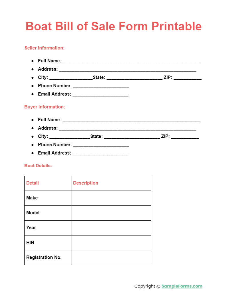 boat bill of sale form printable