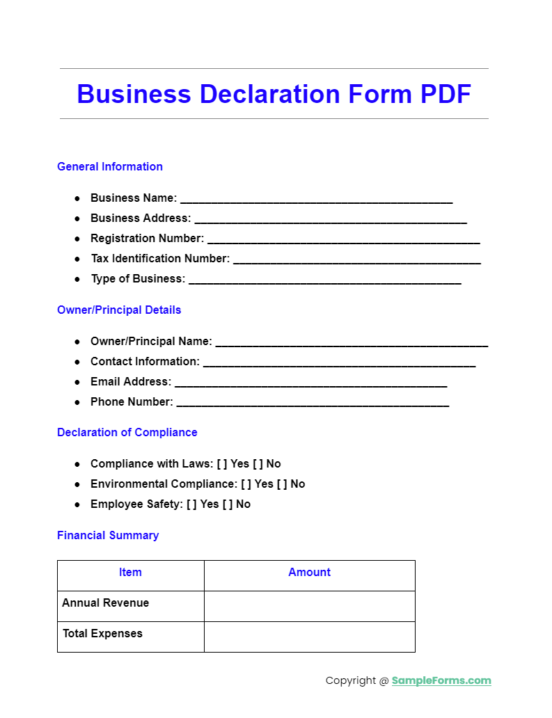 business declaration forms pdf