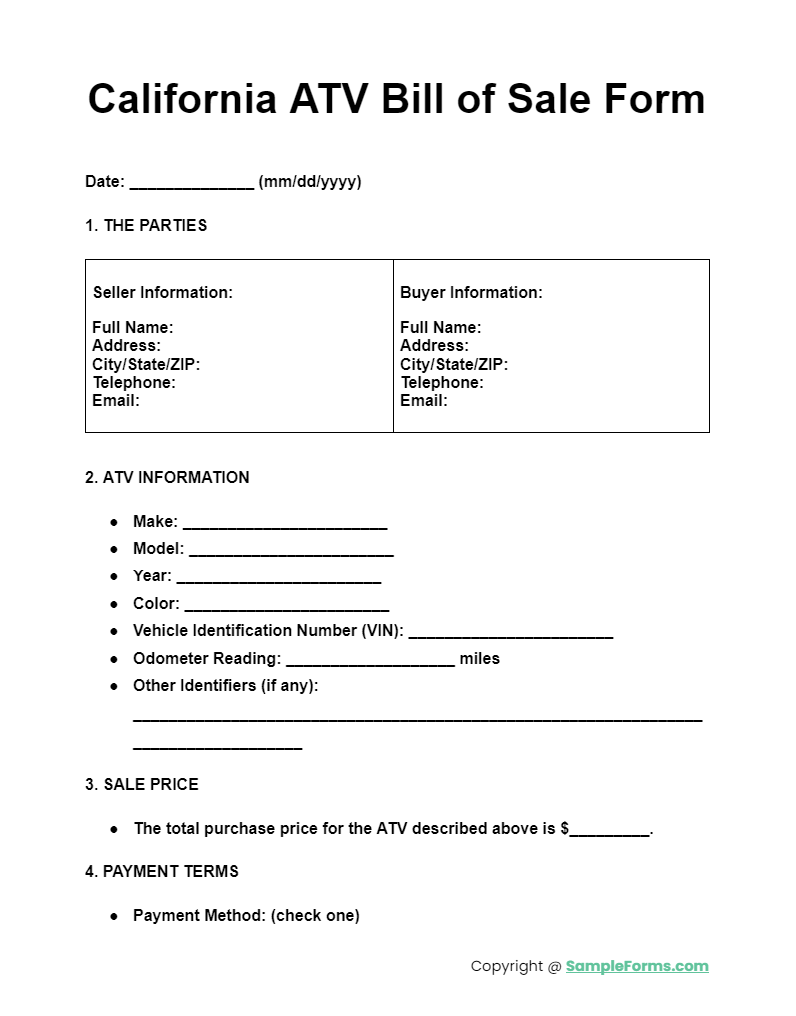 california atv bill of sale form