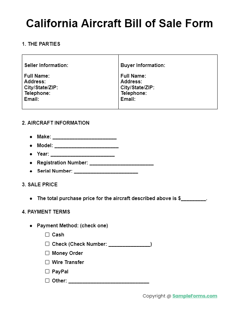 california aircraft bill of sale form