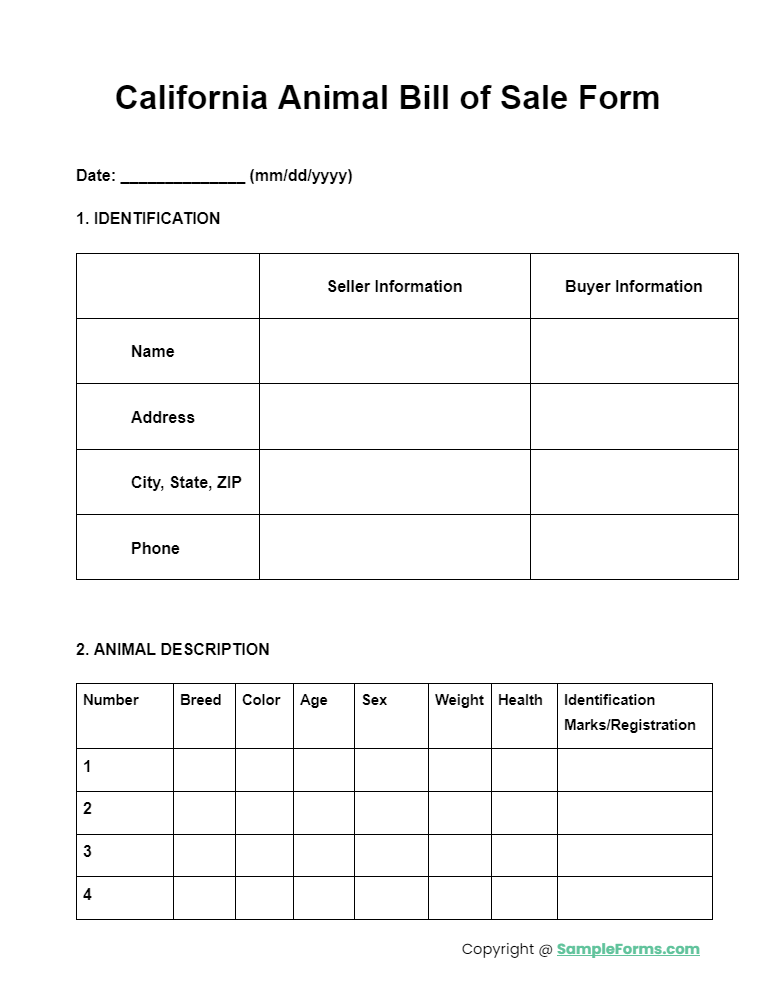 california animal bill of sale form