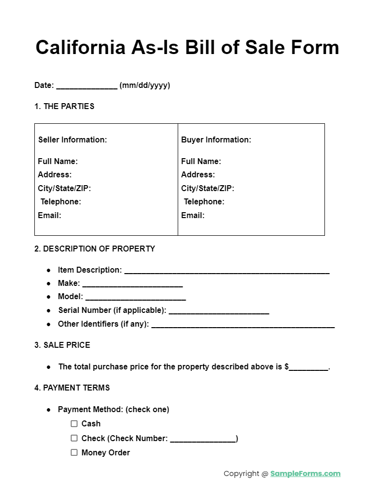 california as is bill of sale form