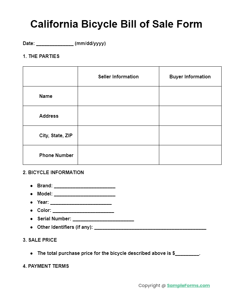 california bicycle bill of sale form