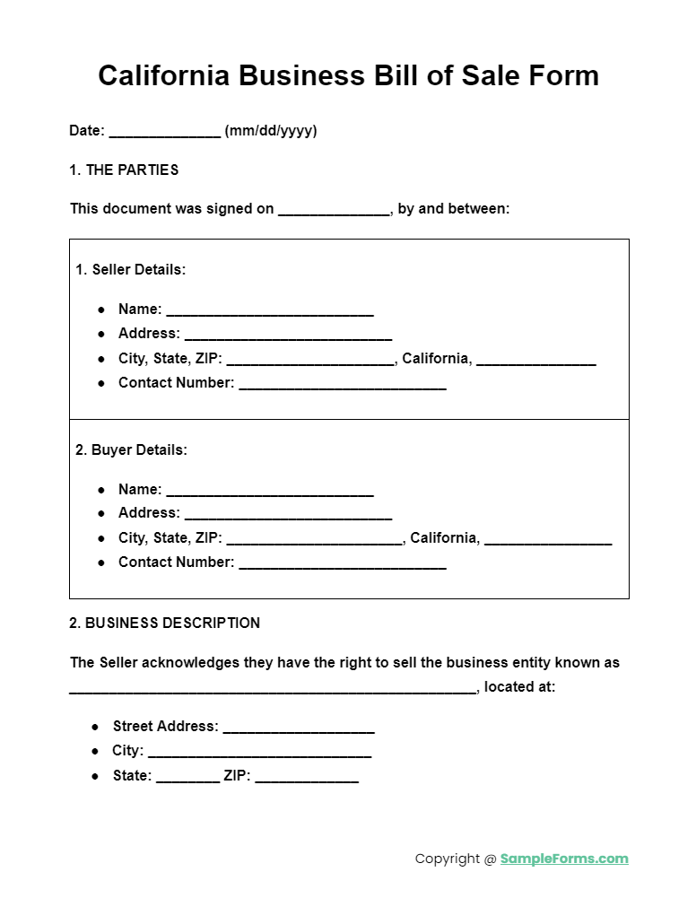 california business bill of sale forms