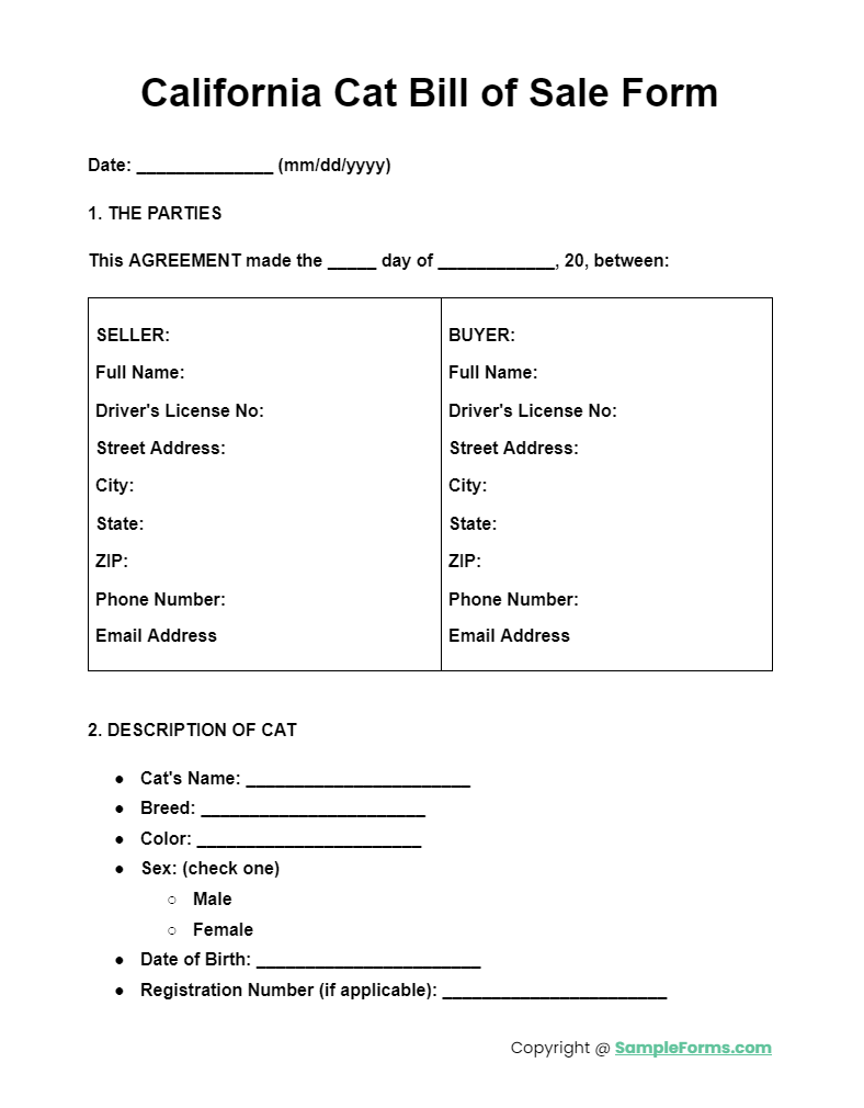 california cat bill of sale form