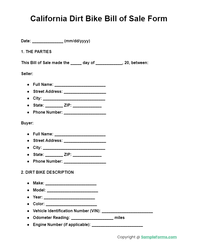 california dirt bike bill of sale form