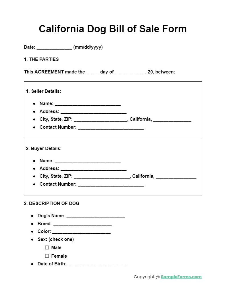 california dog bill of sale form