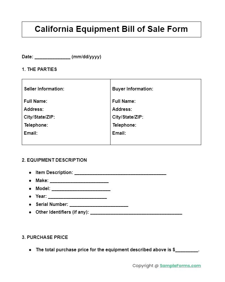 california equipment bill of sale form