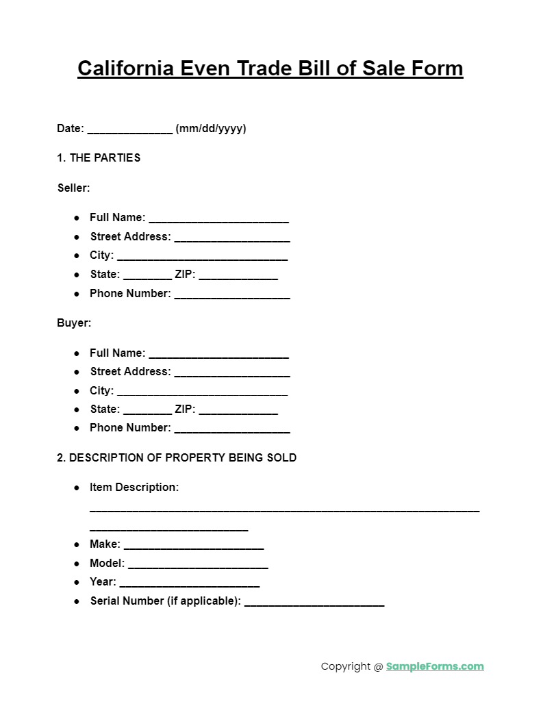 california even trade bill of sale form