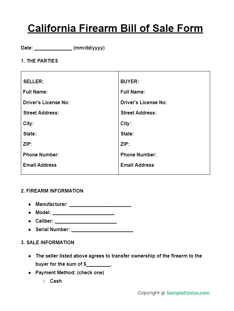 california firearm bill of sale form