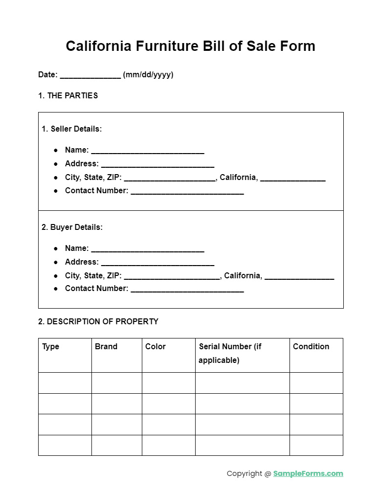 california furniture bill of sale form