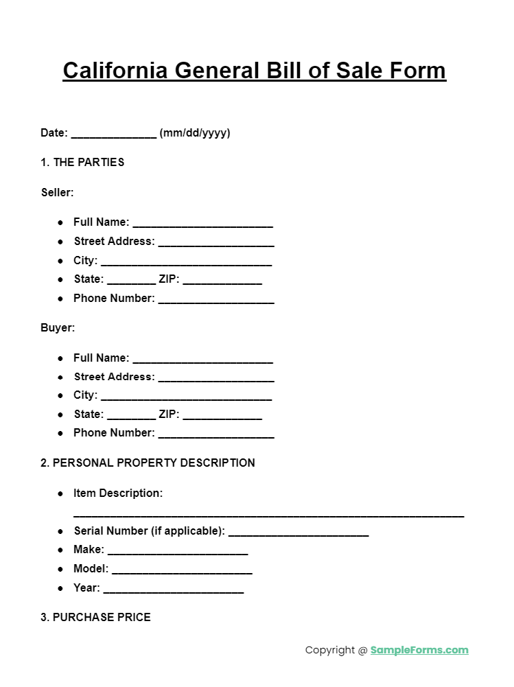 california general bill of sale form