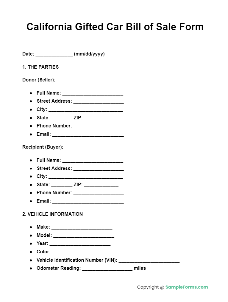 california gifted car bill of sale form