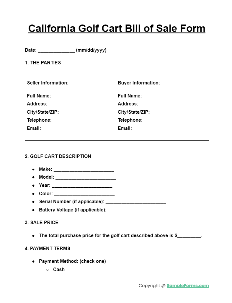 california golf cart bill of sale form