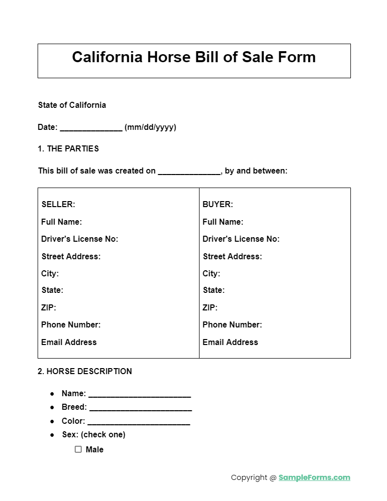 california horse bill of sale form