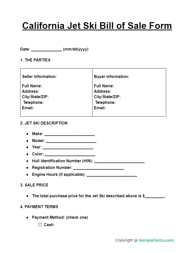 california jet ski bill of sale form