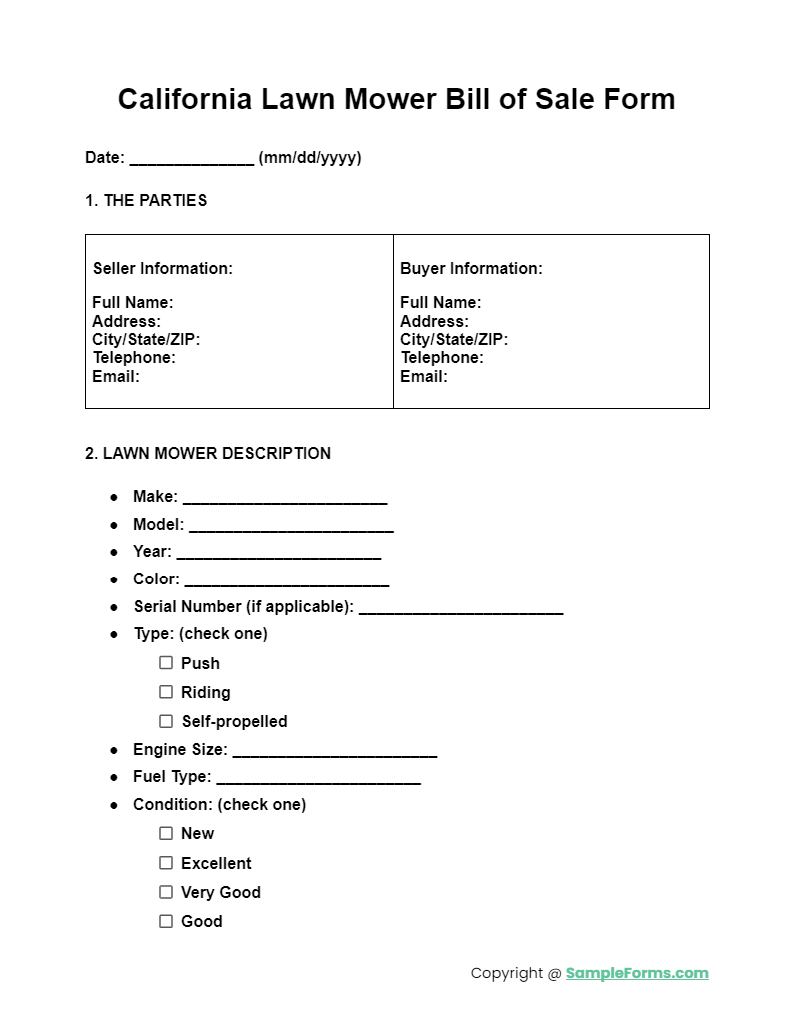 california lawn mower bill of sale form