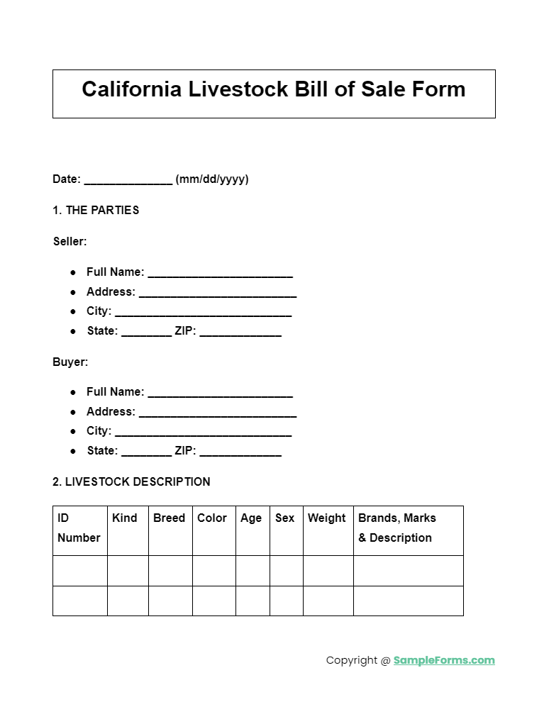 california livestock bill of sale form