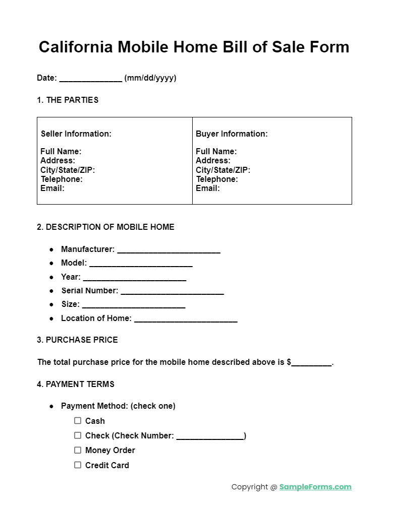 california mobile home bill of sale form