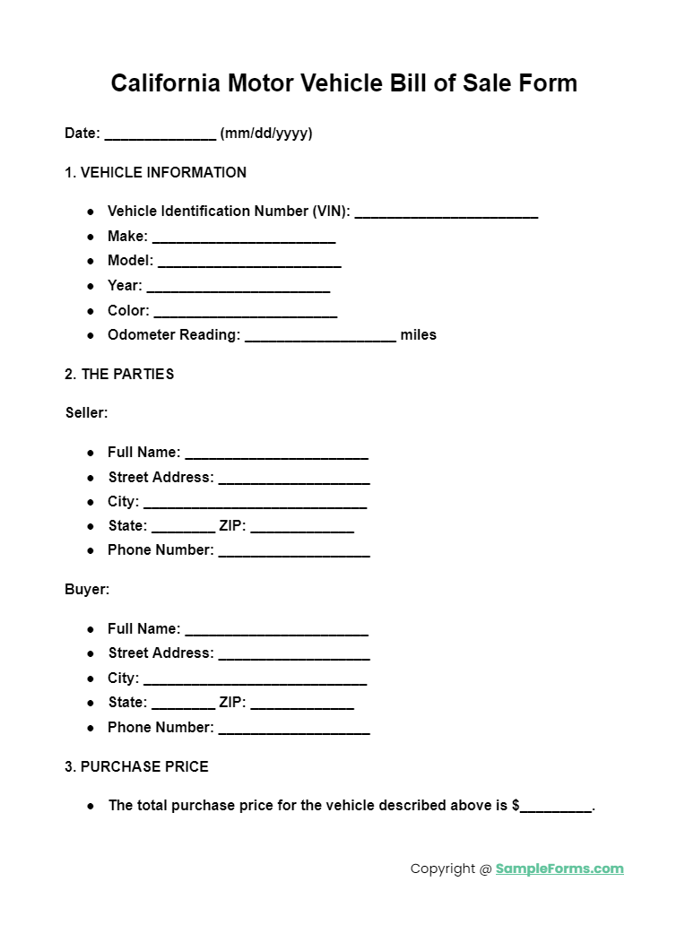 california motor vehicle bill of sale form