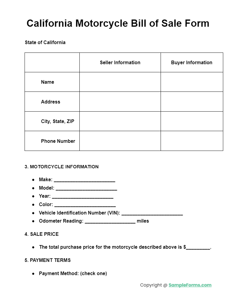 california motorcycle bill of sale form