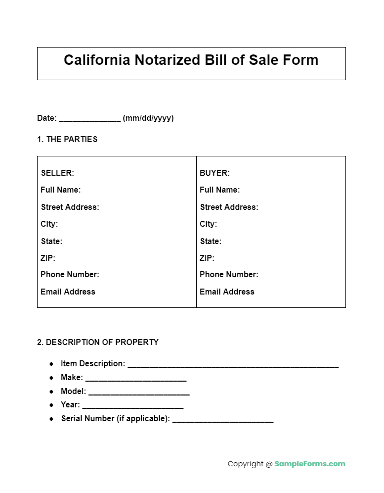 california notarized bill of sale form