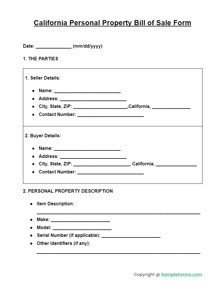 california personal property bill of sale form