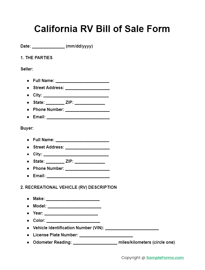 california rv bill of sale form