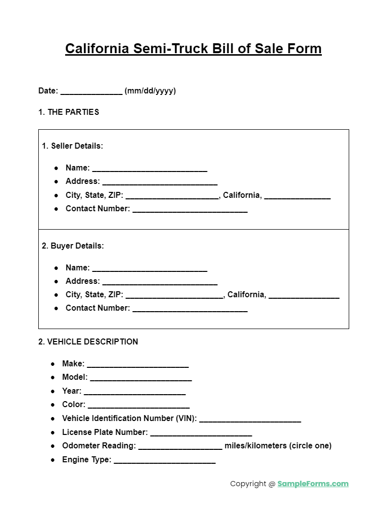 california semi truck bill of sale form