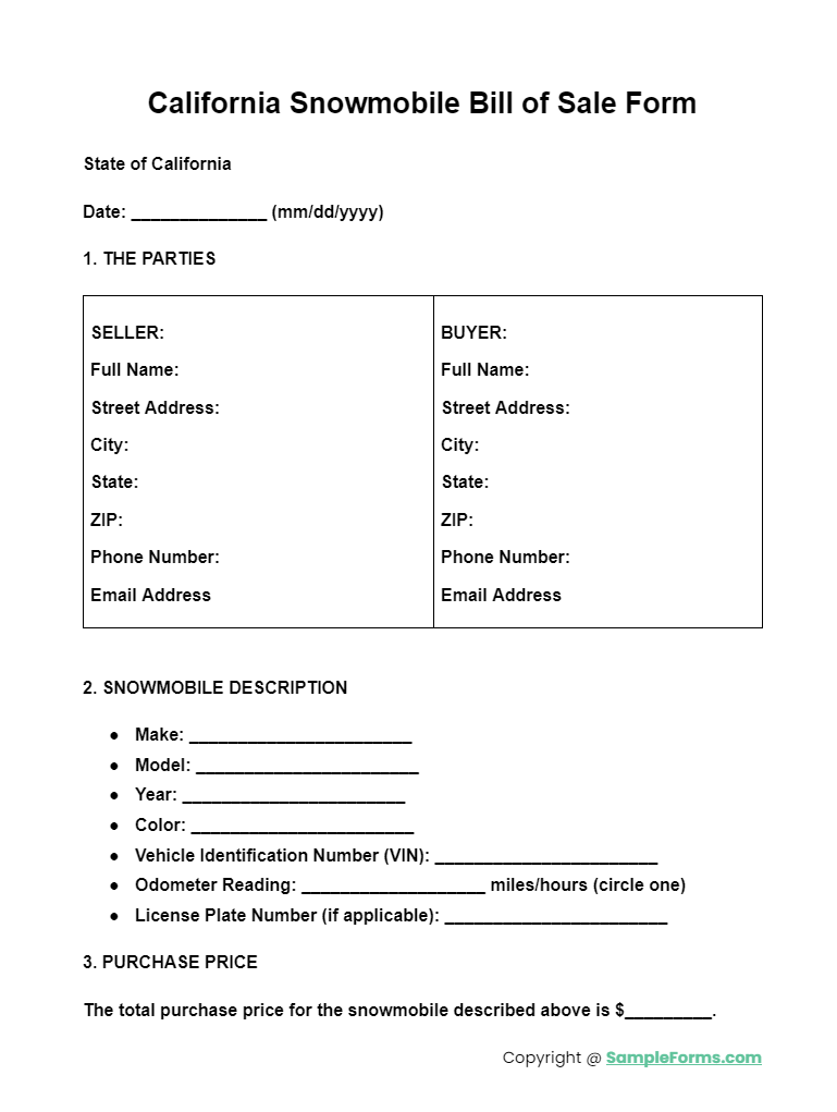 california snowmobile bill of sale form