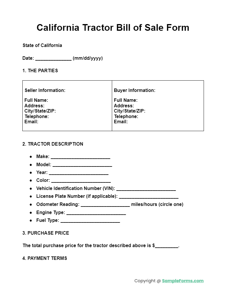 california tractor bill of sale form