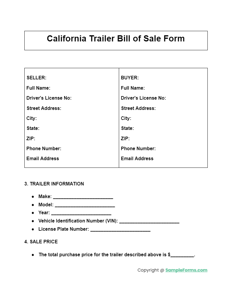 california trailer bill of sale form