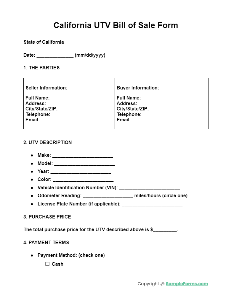 california utv bill of sale form