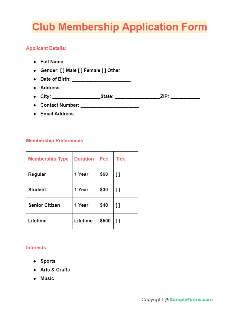 club membership application form