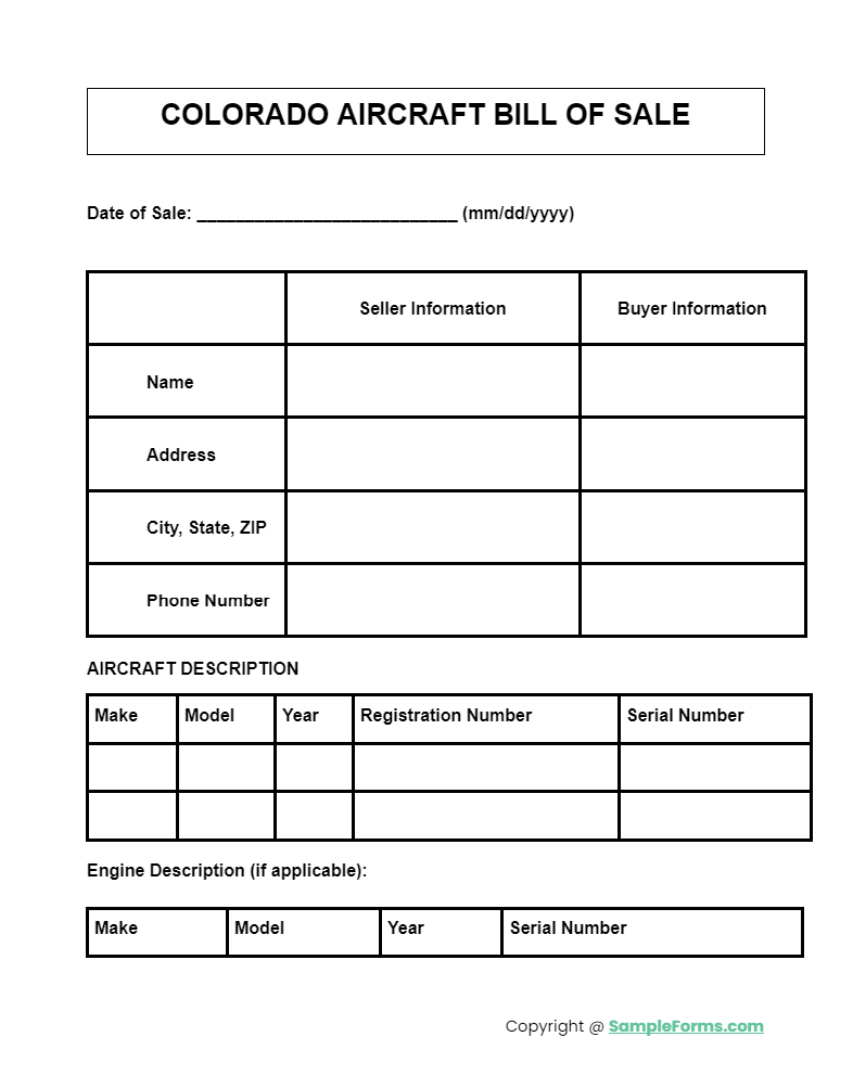 colorado aircraft bill of sale form