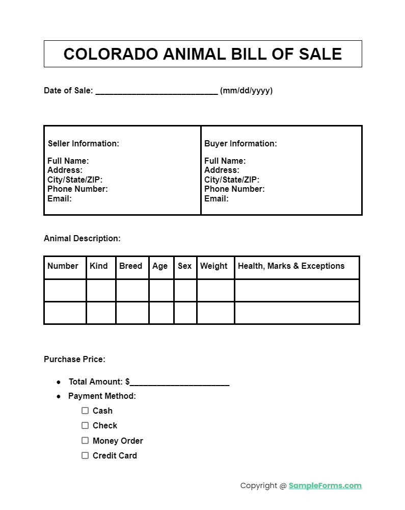 colorado animal bill of sale form