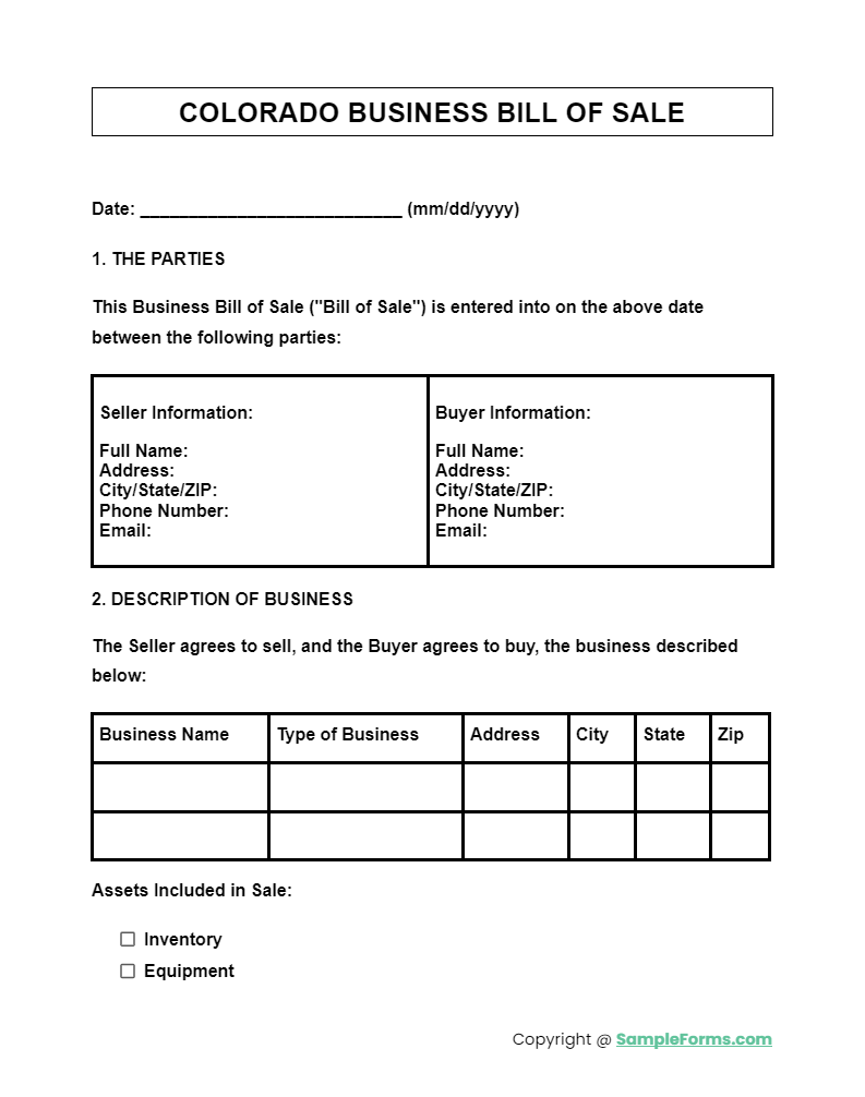 colorado business bill of sale form