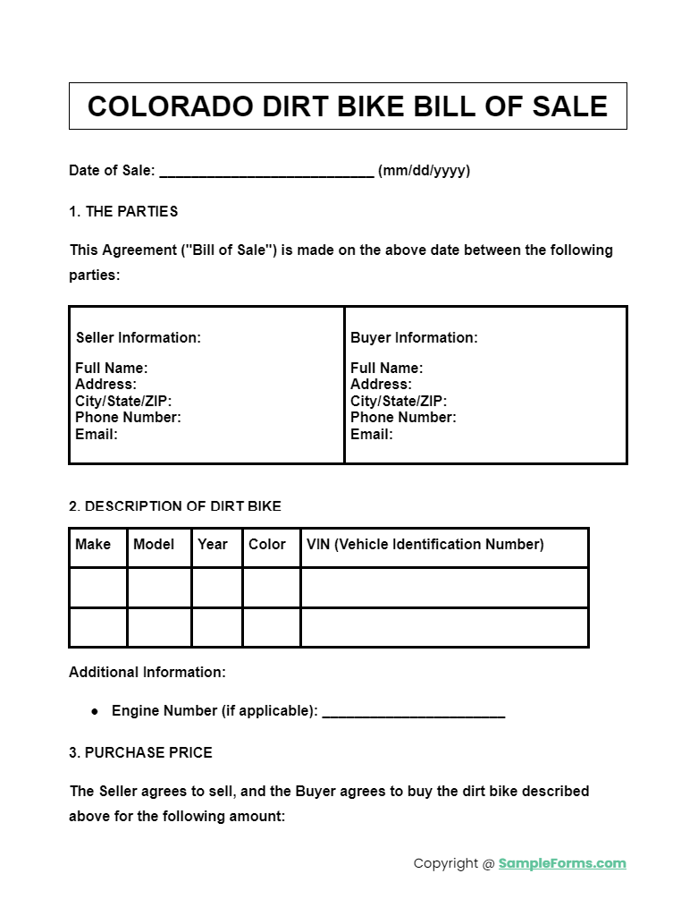 colorado dirt bike bill of sale form