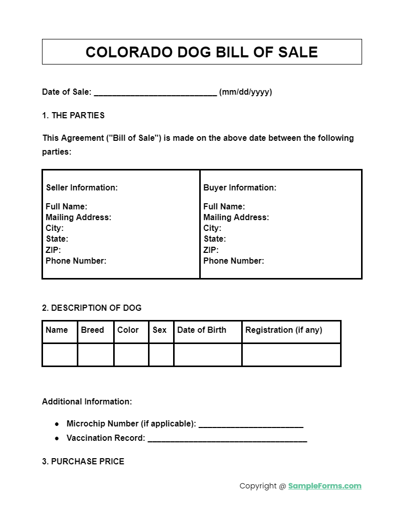 colorado dog bill of sale form