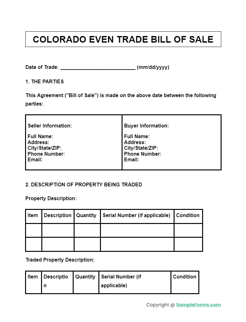 colorado even trade bill of sale form