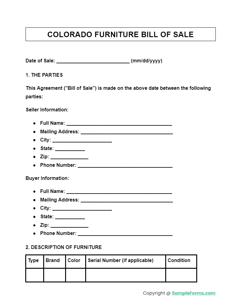 colorado furniture bill of sale form