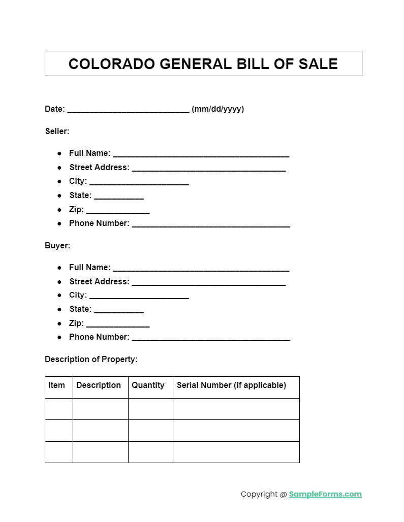 colorado general bill of sale form