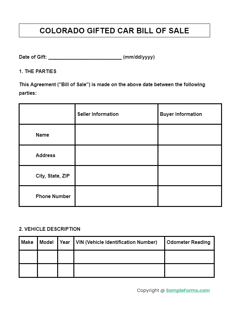 colorado gifted car bill of sale form