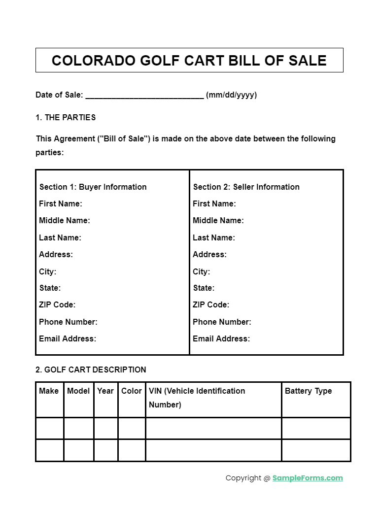 colorado golf cart bill of sale form