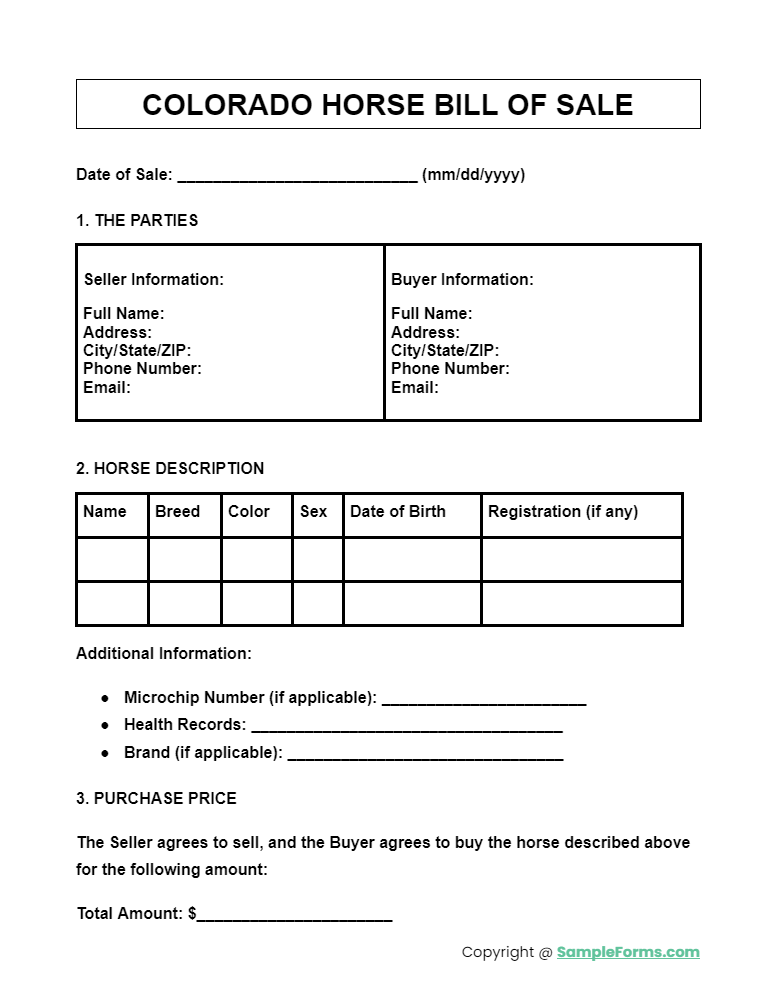 colorado horse bill of sale form