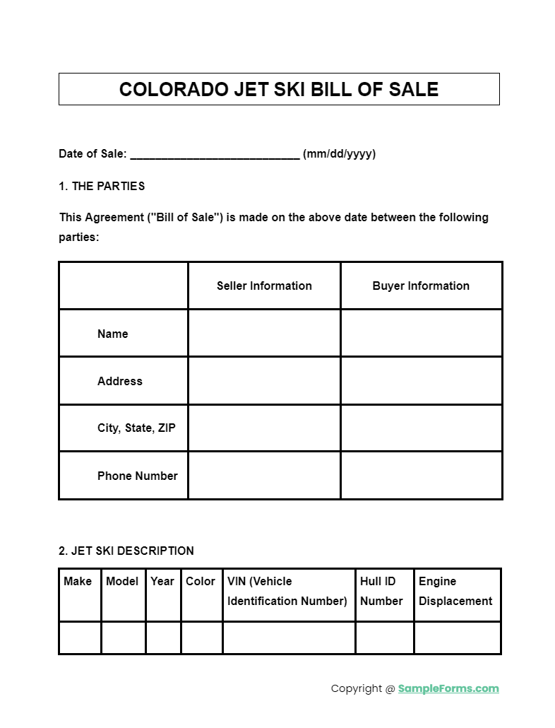 colorado jet ski bill of sale form