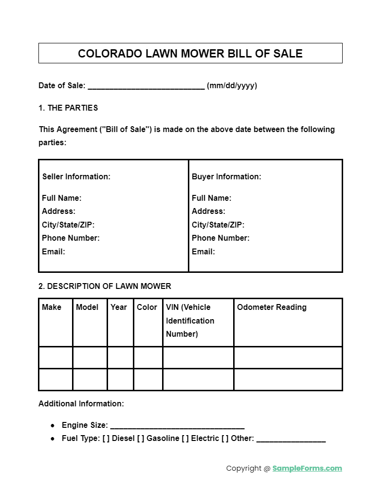 colorado lawn mower bill of sale form