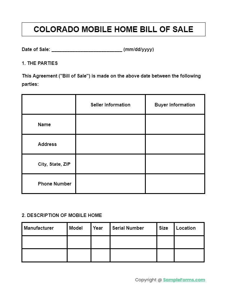 colorado mobile home bill of sale form