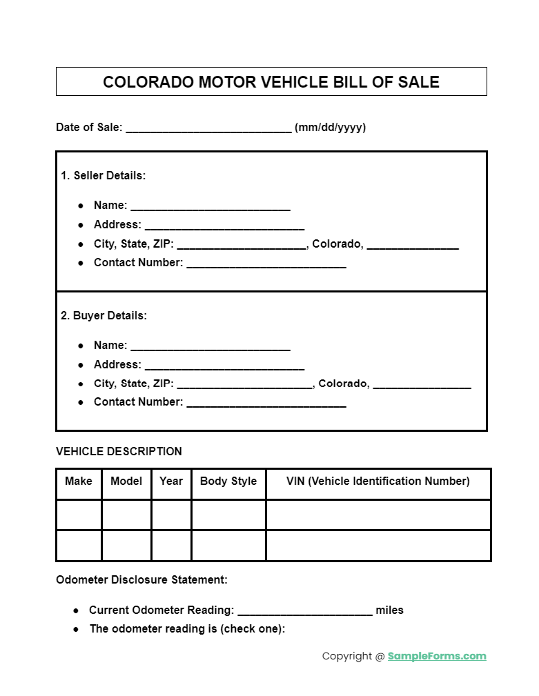 colorado motor vehicle bill ofsale form